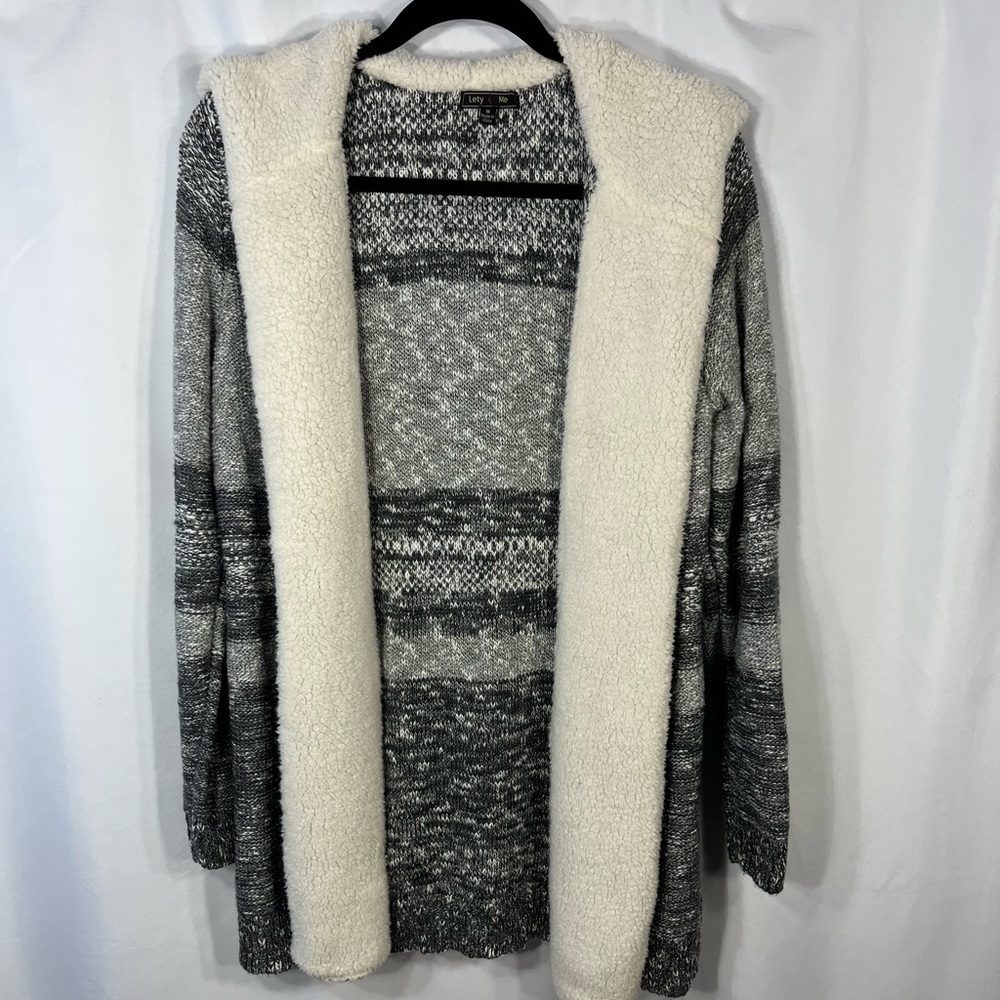 LETY & ME Dockerie Sherpa Trim Hooded Cardigan - Size Medium - Grey and White